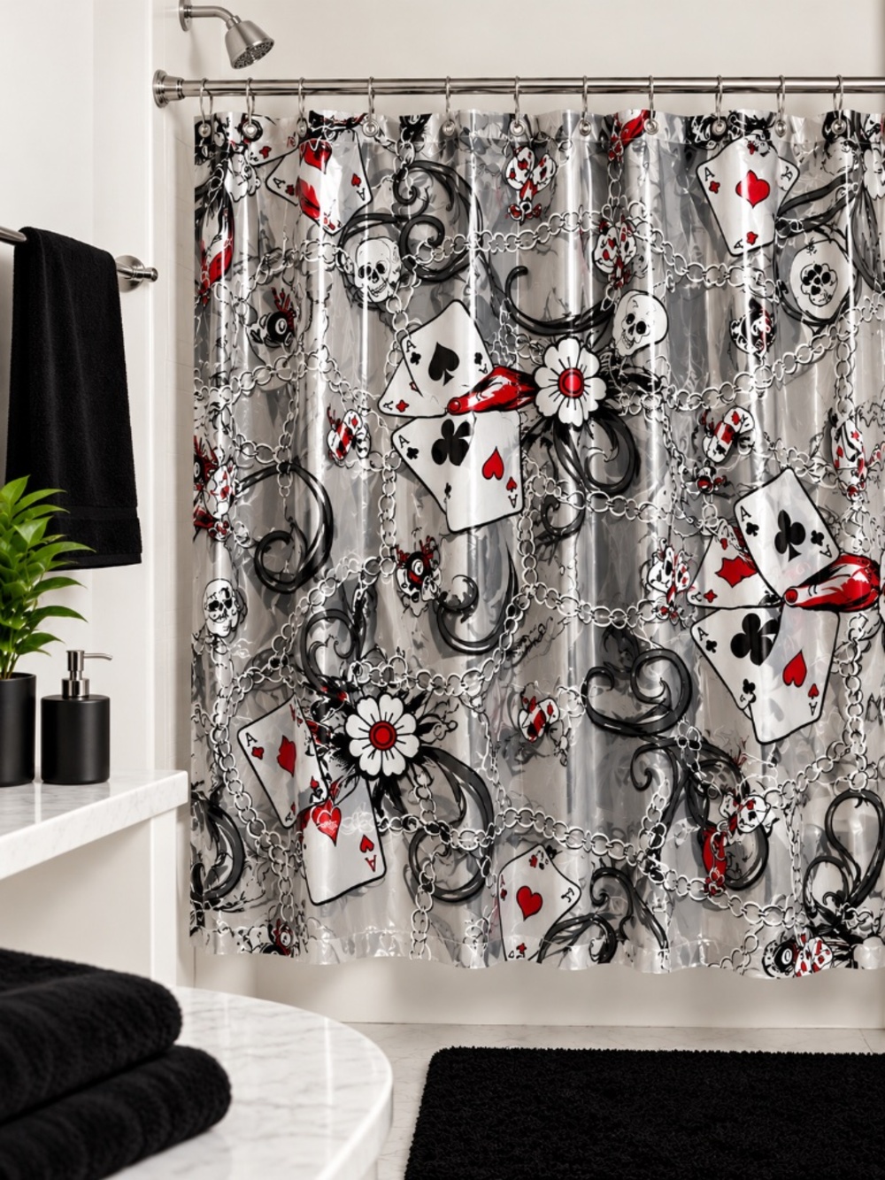 NWT Ed Hardy Shower Curtain Liner 72x72 PEVA Skull Playing Cards Gothic Tattoo